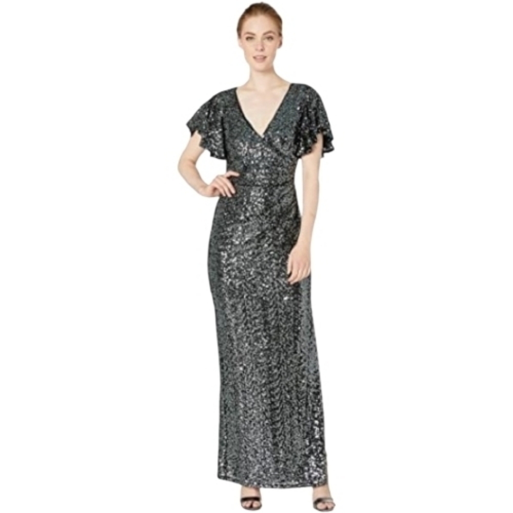 Marina Gunmetal Flutter Sleeve Sequined Formal Evening Dress, 14, Elegant, Party